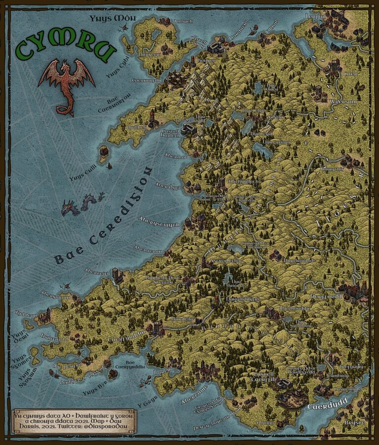 Map of Wales in Welsh in a exaggerated fantasy style.