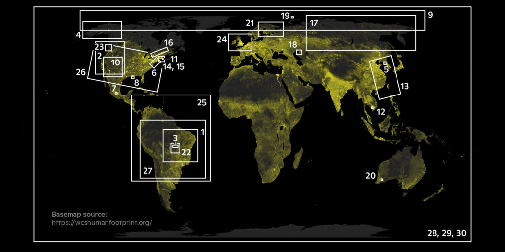 A global map with population shown in yellow and the coverage of associated maps shown in white boxes.