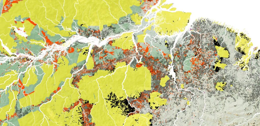 Deforestation and land theft shown as black and orange with protected lands in yellow for northeastern Brazil