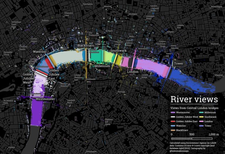 A map of the Thames river in London showing what parts of the city are visible from which bridge.